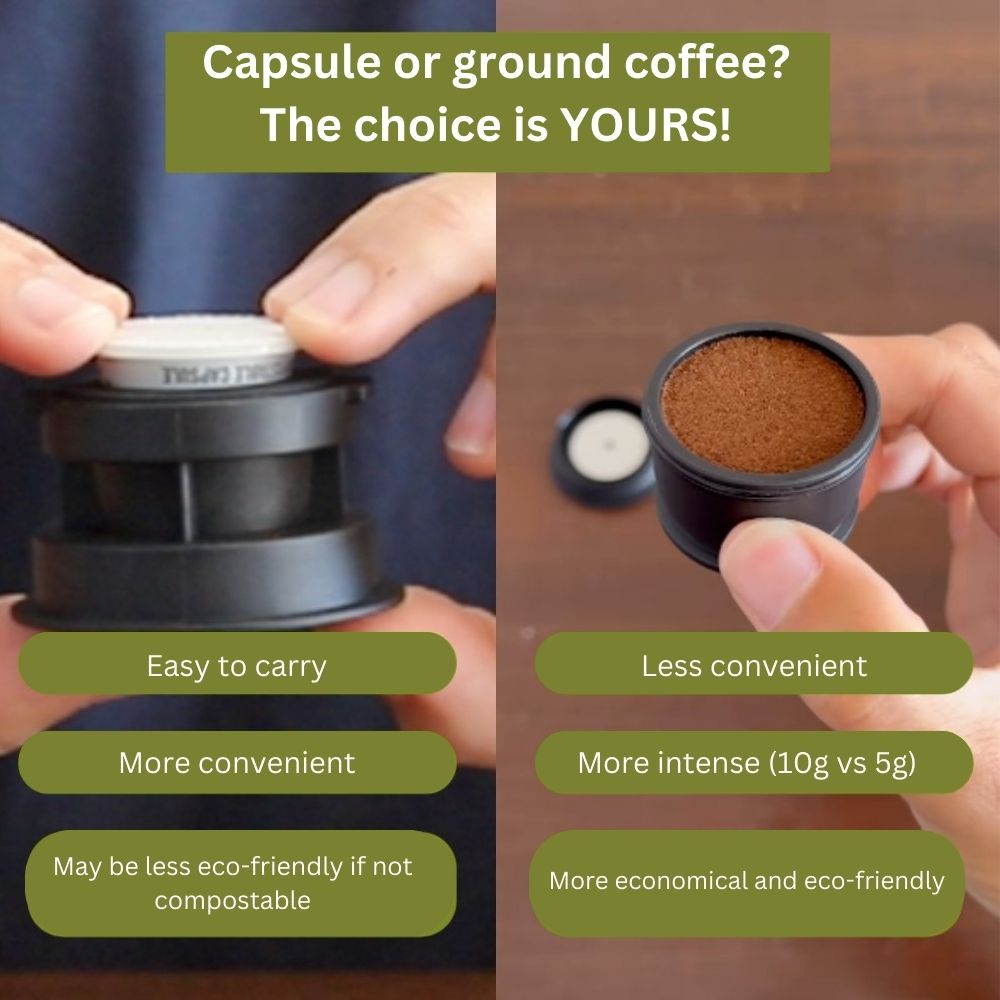 Nomaduo® by Evergreen® – Portable Coffee Machine for Capsules & Ground Coffee